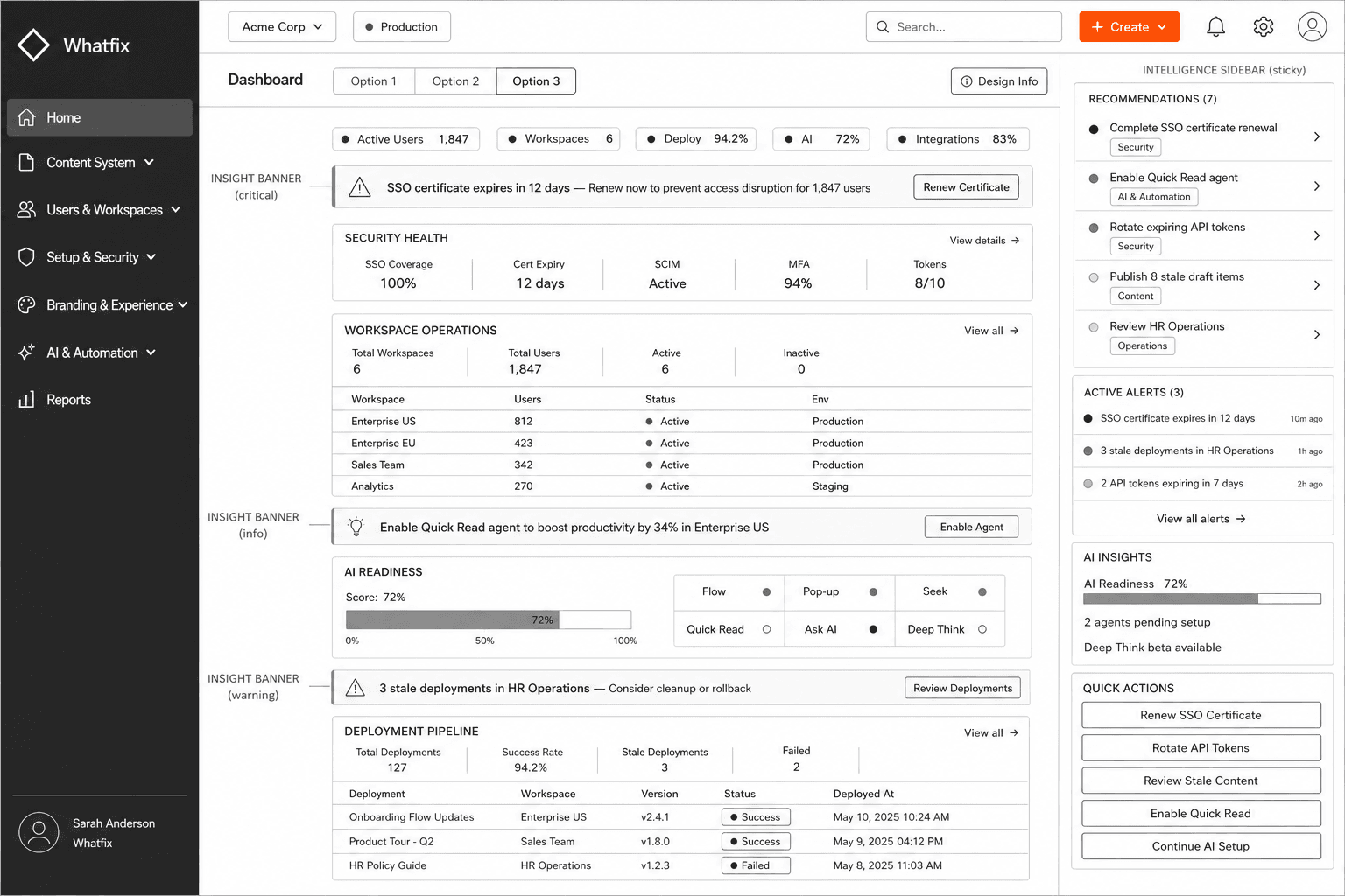 Admin dashboard — the shipped direction. The page leads with posture before any configuration.