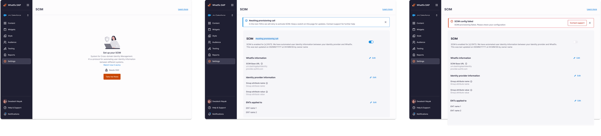 SCIM operational states — the four observable conditions of a SCIM connection, surfaced as a sequence on the setup page.