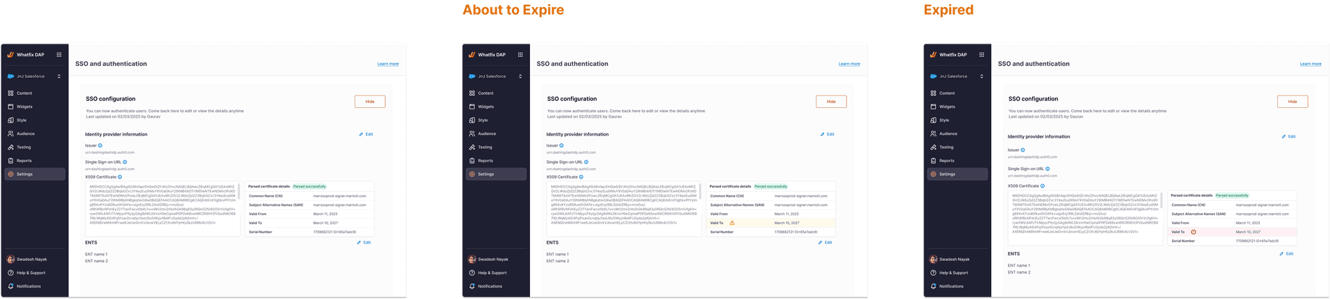 SSO configuration summary — the four observable conditions of an SSO connection surfaced inline on the setup page.