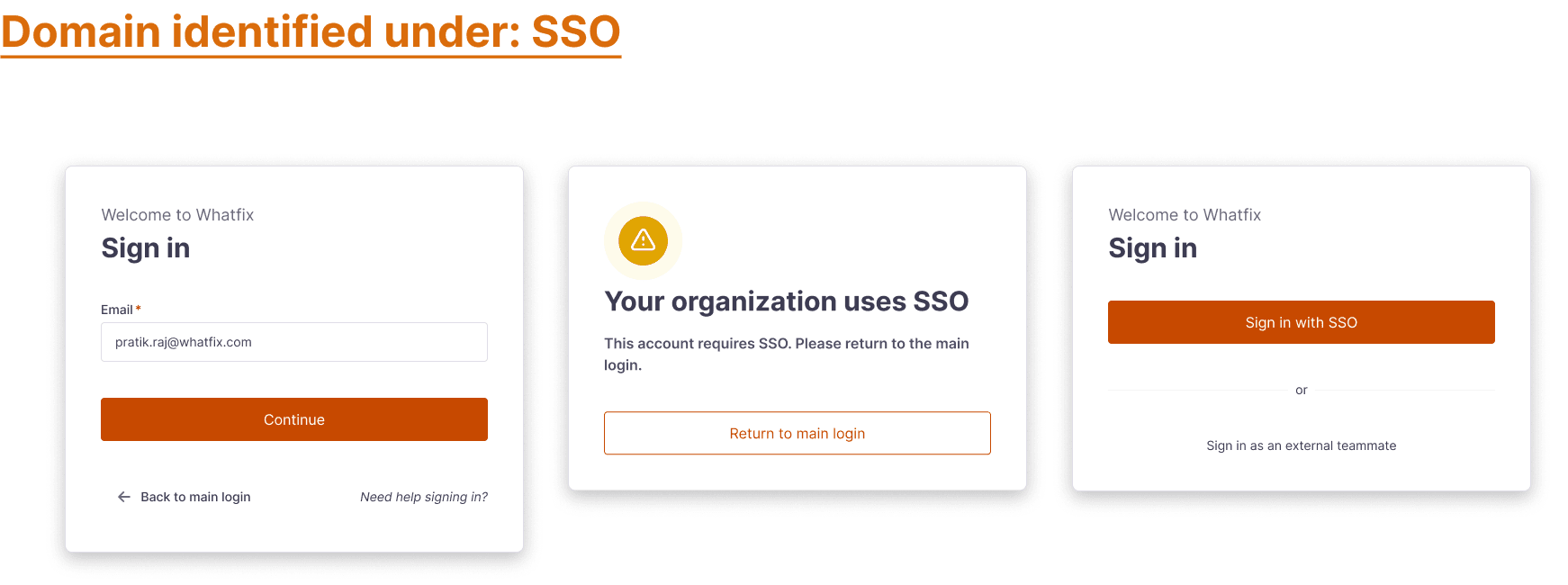 Domain identified — the system recognises the enterprise domain and continues on the SSO route.