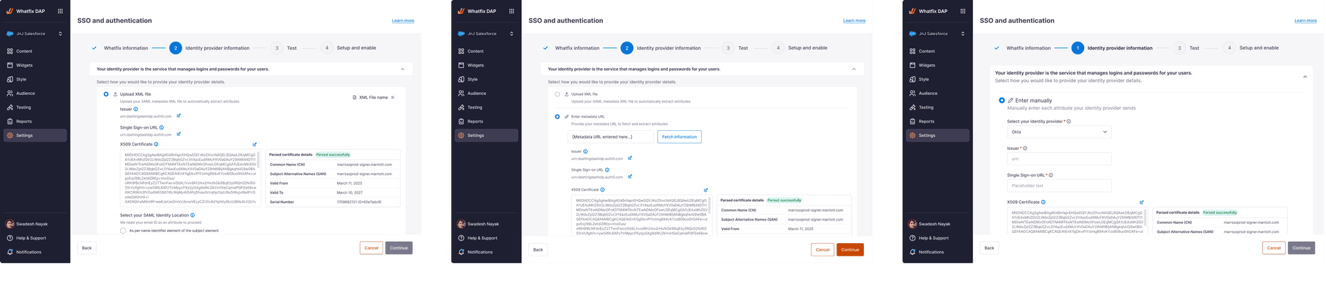 SSO metadata handling — parsed IdP metadata with the relevant fields surfaced inline.