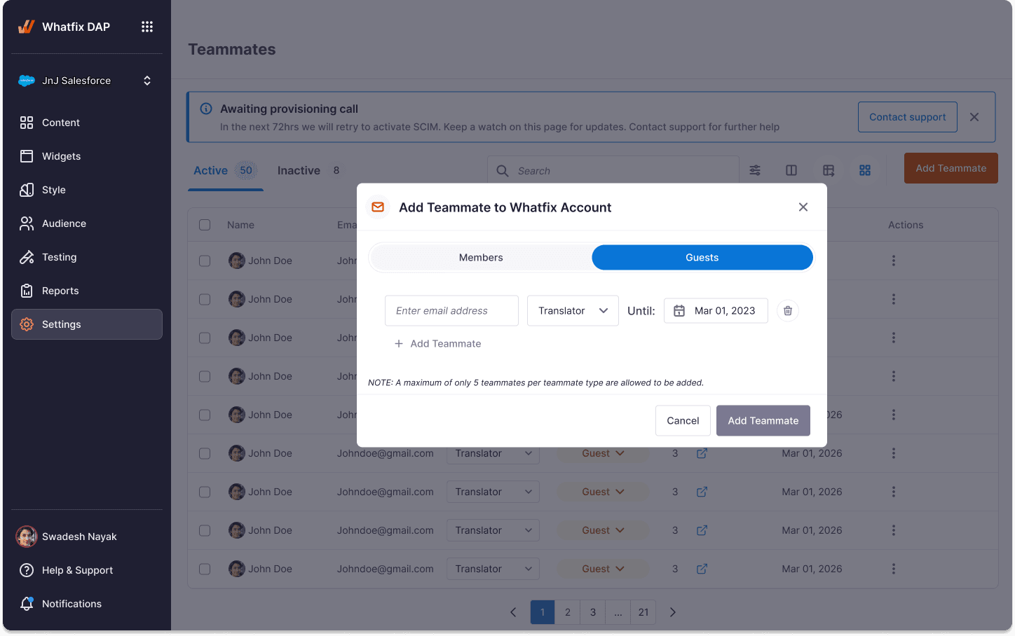 Add teammates — Guests tab. The invite path for time-bounded guest access, with SCIM-enabled restrictions in place.