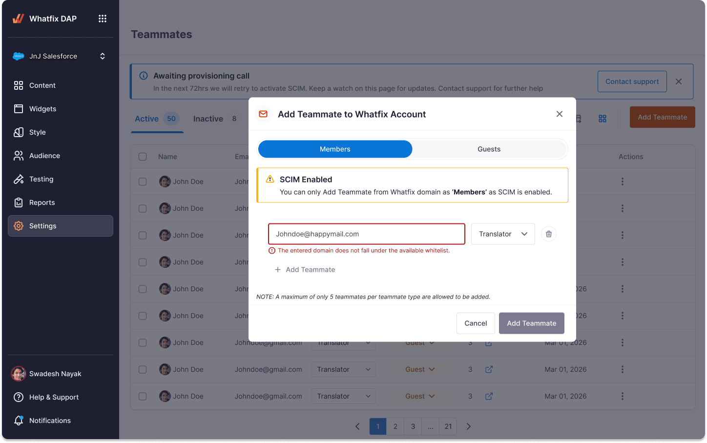 Teammate invitation error — a non-whitelisted domain blocked at the invite step, distinct from the outside-domain case.