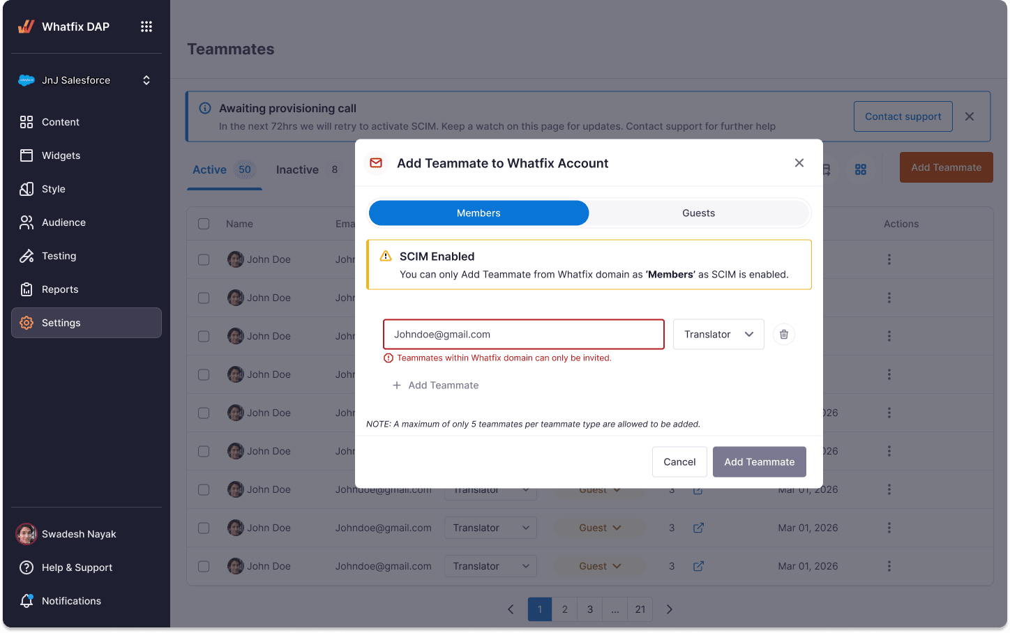 Teammate invitation error — an outside-domain address blocked at the invite step, with the constraint named explicitly.