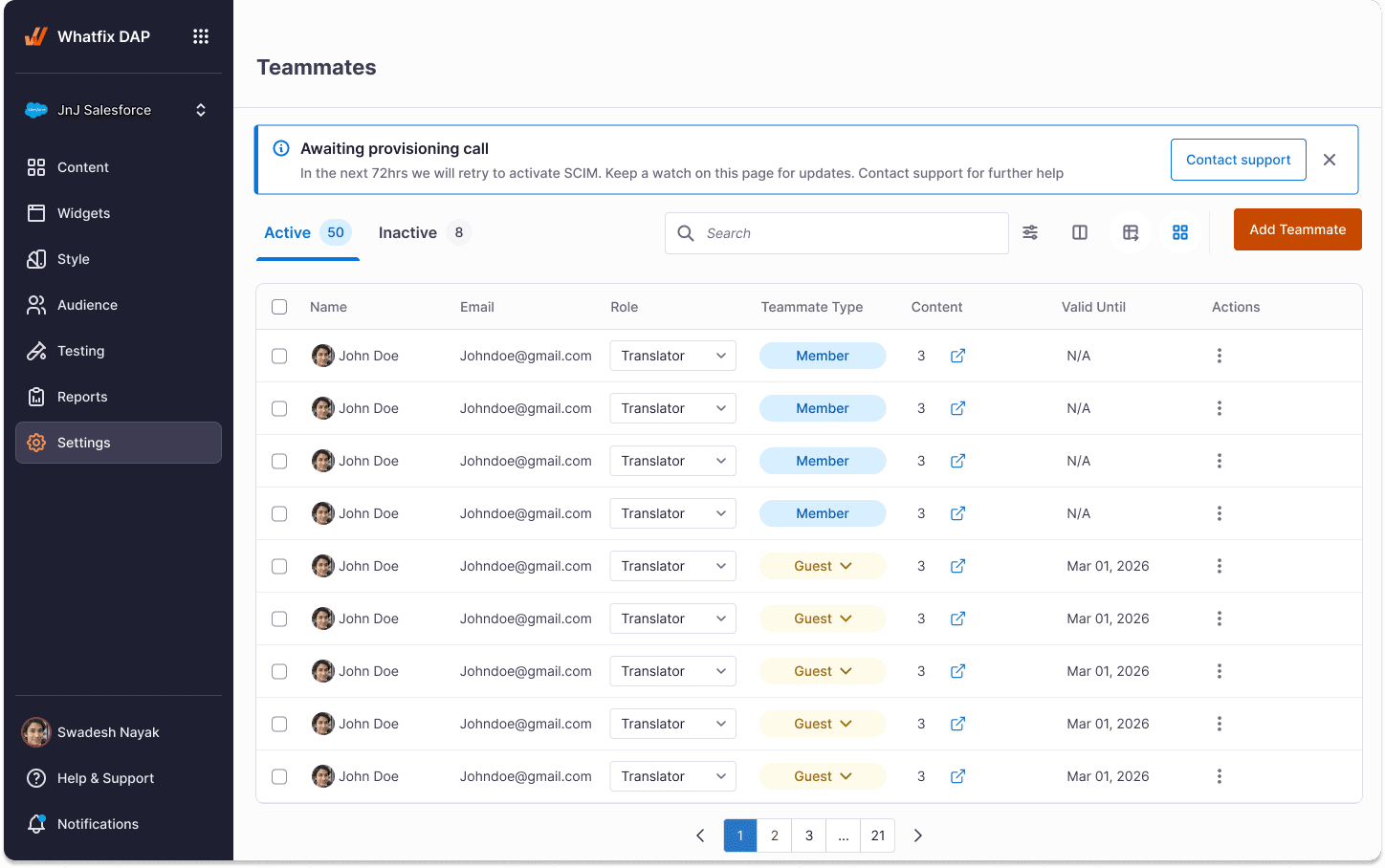 Teammates table — lifecycle state surfaced as a column on every row.